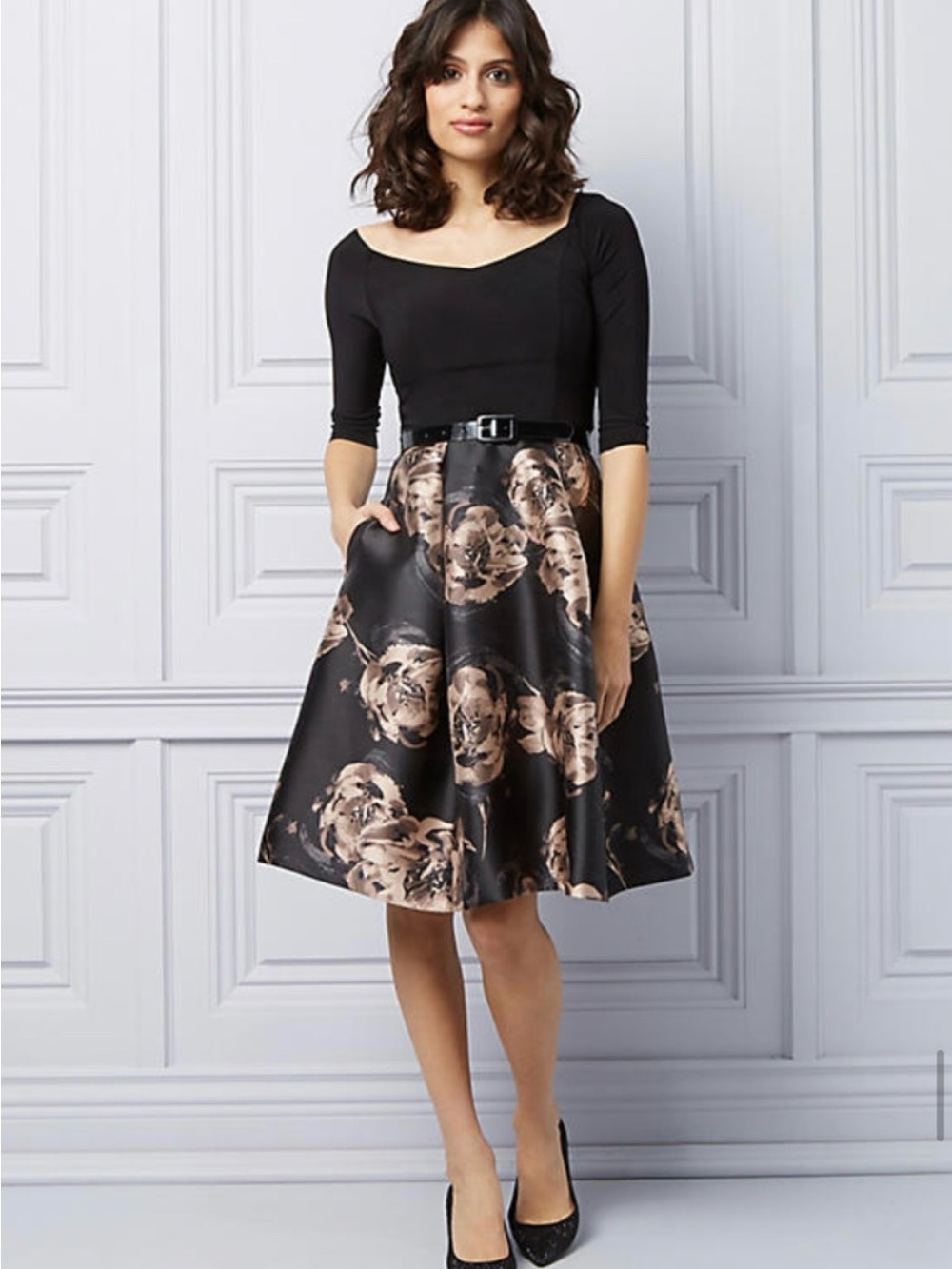 Le Chateau Floral Fit-and-Flare Dress Black&Beige - Cocktail, wedding, formal